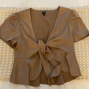 Beige shiny tie front crop top